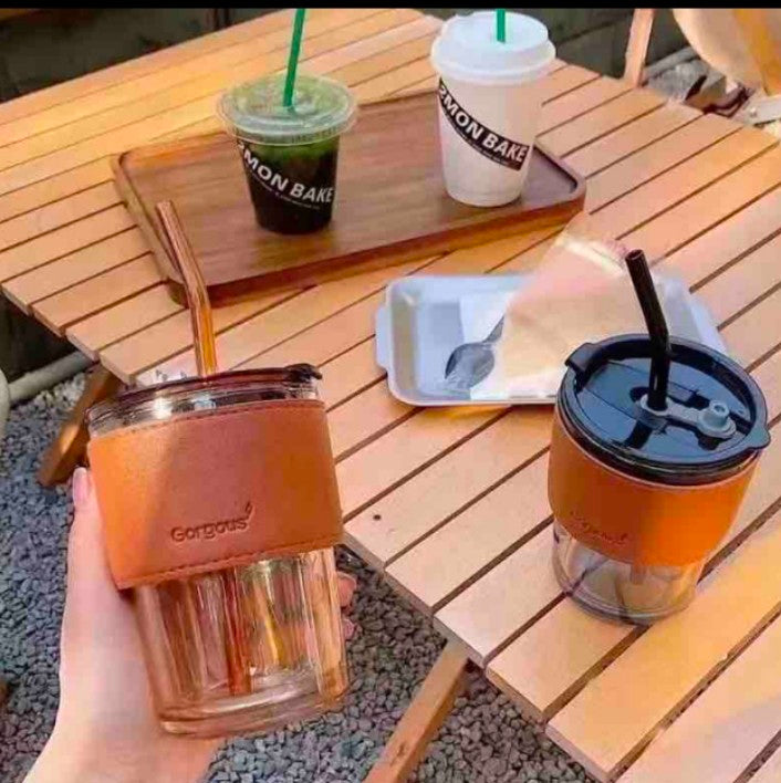 Glass Mug with lid & Straw